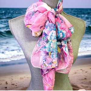 Scarf Watercolor Floral Parakeet Silk Feeling Sheer Oblong Wrap 60 x 19.5